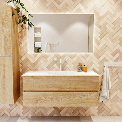 MONDIAZ VICA 120cm badmeubel onderkast Washed Oak 2 lades. Wastafel MOON midden 1 kraangat, kleur Talc.