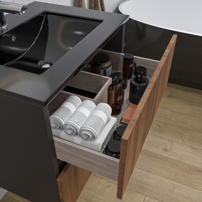 Adema Industrial 2.0 Ensemble de meuble 60x45x55cm avec vasque noire en céramique 1 trou de robinet avec trop-plein et miroir bois/noir