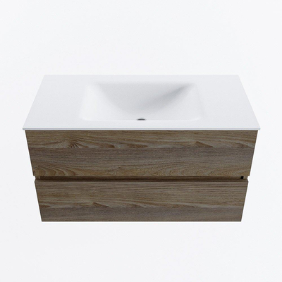 Mondiaz VICA ensemble de meuble de salle de bain - 90cm - meuble sous-vasque marron foncé gris - 2 tiroirs - lavabo nuage milieu - sans trous de robinet - version haute de 60cm - talc