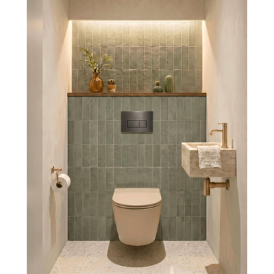 QeramiQ Dely Swirl Toiletset - 36.3x51.7cm - Geberit UP320 inbouwreservoir - met Burda frame - slim zitting - gunmetal bedieningsplaat - rechthoekige knoppen - mat beige