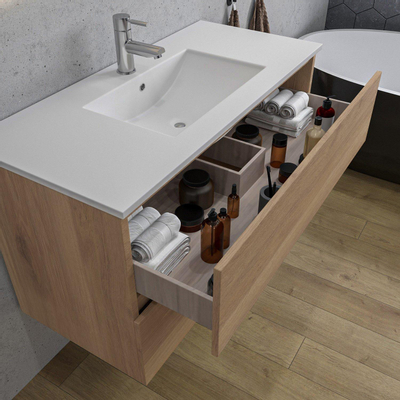 Adema Chaci Ensemble de meuble - 100x46x57cm - 1 vasque en céramique blanche - 1 trou de robinet - 2 tiroirs - armoire de toilette - cannelle