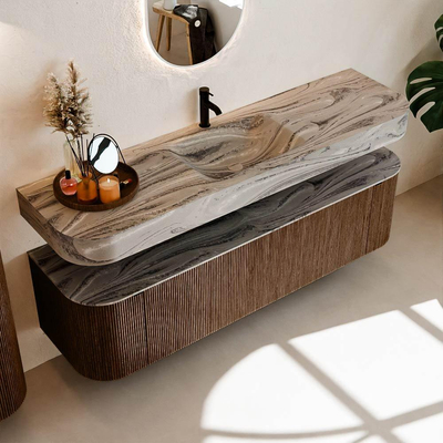 MONDIAZ THOR-DLUX 170cm meuble de salle de bains arrondi gauche + droite couleur Walnut avec 1 tiroir et 2 portes. Vasque suspendue CLOUD Milieu 1 trou de robinet couleur Sombra.