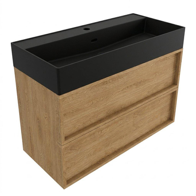 Saniclass Holz Frame Ensemble de meubles de salle de bains - 100x45x72cm - Plan vasque Legend en céramique noir mat - 1 vasque - sans trou de robinet - 2 tiroirs - chêne natural mat (bois)