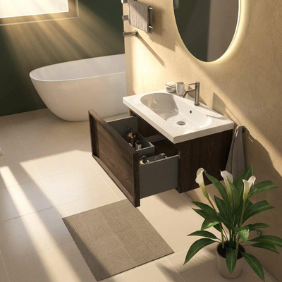 Saniclass Holz Frame Ensemble de meubles de salle de bains - 80x45x43.5cm - Lavabo en céramique Palermo blanc - 1 vasque - 1 trou de robinet - 1 tiroir - chêne charcoal mat (bois)