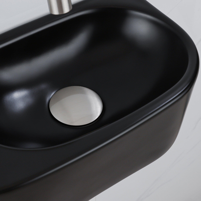 QeramiQ Fuente Fonteinset - 40x21.5x12cm - glad - halfrond - keramiek - fonteinkraan geborsteld rvs - afvoerplug - verlaagd sifon - zwart mat