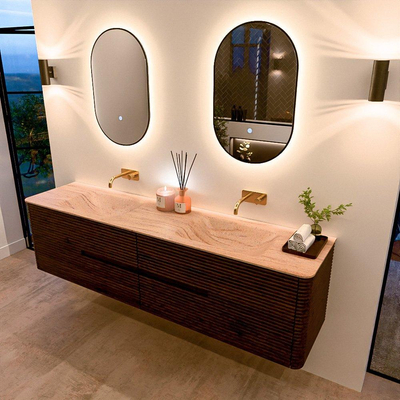 Mondiaz CIRO-DLUX Badkamermeubelset - 190x45x50cm - Solid surface wastafel Saba - 2 wasbak Dubbel - zonder kraangaten - 4 lades - Walnut