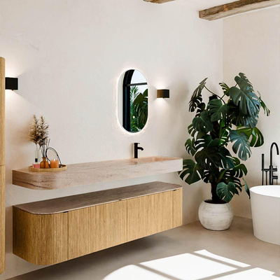 MONDIAZ THOR-DLUX 180cm meuble de salle de bains arrondi gauche + droite couleur Oak avec 2 tiroirs et 2 portes. Vasque suspendue CLOUD Droite 1 trou de robinet couleur Saba.