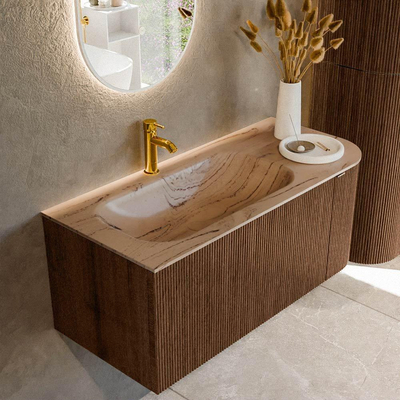MONDIAZ KURVE-DLUX Meuble de salle de bains 105cm arrondi à droite couleur Walnut avec 1 tiroir et 1 porte. Lavabo BIG SMALL gauche 1 trou de robinet Arena.
