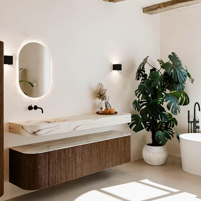 MONDIAZ THOR-DLUX Meuble de salle de bains 180cm arrondi gauche + droite couleur Walnut avec 2 tiroirs et 2 portes. Vasque suspendue CLOUD Gauche sans trou de robinet couleur Nata.