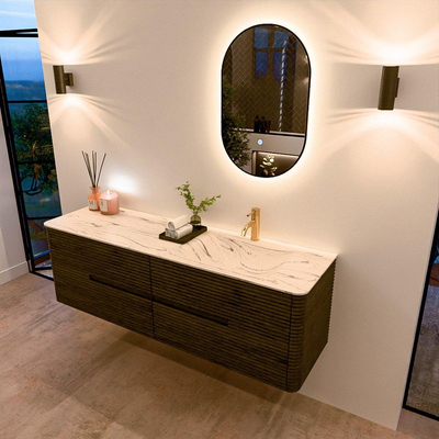 Mondiaz CIRO-DLUX Meuble de salle de bains - 160x45x50cm - Plan vasque solid surface Nata - 1 lavabo à droite - 1 trou de robinetterie - 4 tiroirs - Shadow