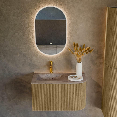 MONDIAZ KURVE-DLUX meuble de salle de bains 75cm arrondi droite couleur Dusk avec 1 tiroir et 1 porte. Lavabo GRUNNE gauche 1 trou de robinet Oza.