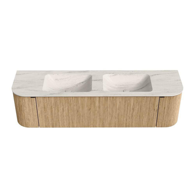 MONDIAZ KURVE-DLUX 170cm badmeubel ronding Links + Rechts kleur Oak met 1 lade en 2 deuren. Wastafel LEAF Dubbel zonder kraangat Meli.