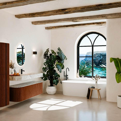 MONDIAZ THOR-DLUX 150cm meuble de salle de bains arrondi gauche + droite couleur Ruby avec 1 tiroir et 2 portes. Vasque suspendue CLOUD Milieu 1 trou de robinet couleur Glace.