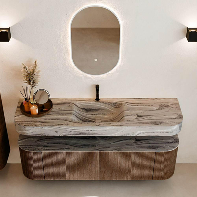 MONDIAZ THOR-DLUX 160cm badmeubel ronding links + rechts kleur Walnut met 1 lade en 2 deuren. Vrijhangende wastafel CLOUD Midden 1 kraangat kleur Sombra.