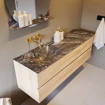 Mondiaz VICA-DLUX ensemble de meuble de salle de bain - 150cm - meuble sous-vasque chêne blanchi - 2 tiroirs - lavabo encastré cloud gauche - sans trous de robinet - miroir modèle spot - version XL 60cm de haut - lave