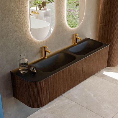 MONDIAZ KURVE 165cm Meuble salle de bain avec module 25 G - couleur Walnut - 2 tiroirs - 1 porte - vasque BIG SMALL double / droite - 2 trous de robinet - Urban