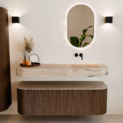 MONDIAZ THOR-DLUX 140cm badmeubel ronding links + rechts kleur Walnut met 1 lade en 2 deuren. Vrijhangende wastafel CLOUD Rechts zonder kraangat kleur Arena.