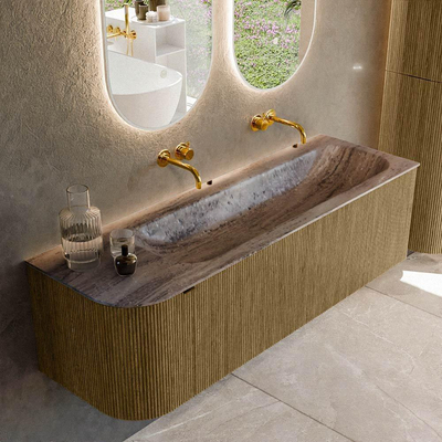MONDIAZ KURVE-DLUX 145cm meuble de salle de bains arrondi Gauche couleur Dusk avec 1 tiroir et 1 porte. Lavabo BIG LARGE Droite sans trou de robinet Oza.