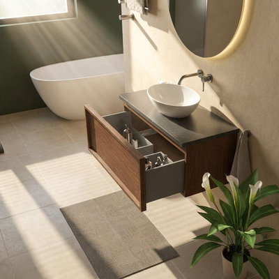 Saniclass Holz Frame Ensemble meuble de salle de bains - 100x45x43cm - Plan vasque en basalte Noche poli (noir) - sans trou de robinet - 1 tiroir - walnut pure mat (bois)