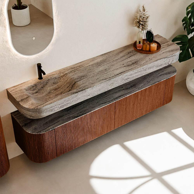 MONDIAZ THOR-DLUX 200cm meuble de salle de bains arrondi gauche + droite couleur Ruby avec 2 tiroirs et 2 portes. Vasque suspendue CLOUD Gauche 1 trou de robinet couleur Oza.