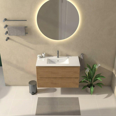 Saniclass Holz Atelier Ensemble de meubles de salle de bains - 100x45x62cm - Vygo lavabo en céramique blanc - 1 vasque - 1 trou de robinetterie - 2 tiroirs - chêne natural mat (bois)