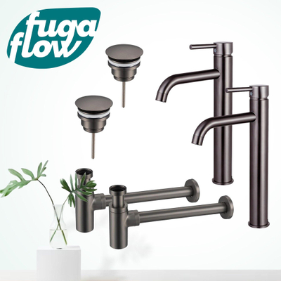 FugaFlow Eccelente Sobrado Badkamer Wastafelkraanset - voor dubbele wastafel - verhoogde wastafelkraan - always open plug - design sifon - PVD Gepolijst Gunmetal - Black Friday -