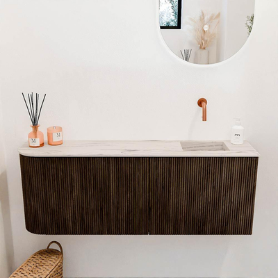 Mondiaz JOYA-DLUX 111.6cm toiletmeubel - ronding links kleur Walnut - Wastafel FAYE positie Rechts Zonder kraangat kleur Nata.