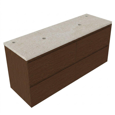 Saniclass Holz Pure Ensemble meuble de salle de bains - 140x45x63cm - Plan de travail en pierre naturelle travertin - 2 trous de robinet - 4 tiroirs - mat noyer pure (bois)