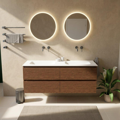 Saniclass Holz Pure Ensemble de meubles de salle de bains - 160x45x61.5cm - Flow lavabo en solid surface blanc - 2 vasques - sans trous de robinetterie - 4 tiroirs - walnut pure mat (bois)