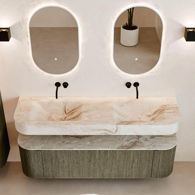 MONDIAZ THOR-DLUX 160cm meuble de salle de bains arrondi gauche + droite couleur Shadow avec 1 tiroir et 2 portes. Vasque suspendue CLOUD Double sans trou de robinet couleur Frappe.