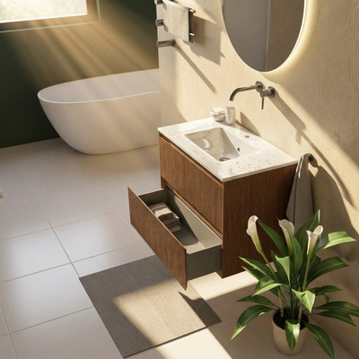 Saniclass Holz Atelier Ensemble meuble de salle de bains - 80x45x62cm - Lavabo Vygo en céramique blanc - 1 vasque - sans trou de robinet - 2 tiroirs - mat walnut pure (bois)