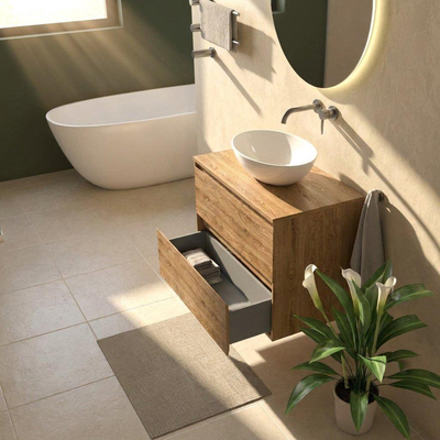Saniclass Holz Pure Ensemble de meubles de salle de bains - 80x45x62cm - plan de travail en bois - sans trou de robinetterie - 2 tiroirs - chêne naturel mat (bois)