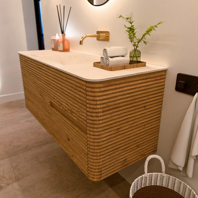 Mondiaz CIRO-DLUX Badkamermeubelset - 120x45x50cm - Solid surface wastafel Meli - 1 wasbak Midden - zonder kraangaten - 2 lades - Oak