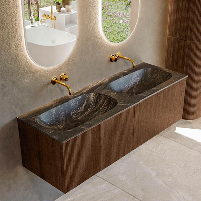 MONDIAZ KURVE-DLUX Meuble de salle de bains 140 cm couleur Walnut avec 2 tiroirs. Lavabo STOR SMALL double sans trou de robinet couleur Lava.