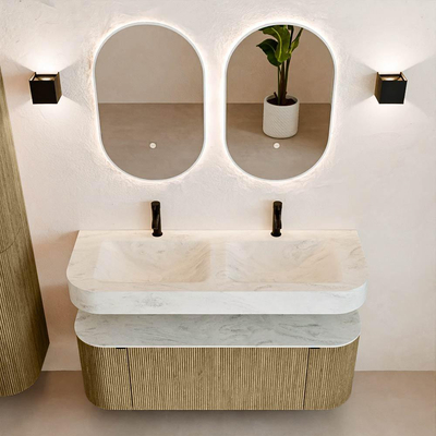 MONDIAZ THOR-DLUX 130cm meuble de salle de bains arrondi gauche + droite couleur Dusk avec 1 tiroir et 2 portes. Vasque suspendue CLOUD Double 2 trous de robinet couleur Opalo.