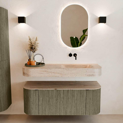 MONDIAZ THOR-DLUX 120cm meuble de salle de bains arrondi gauche + droite couleur Shadow avec 1 tiroir et 2 portes. Vasque suspendue CLOUD droite sans trou de robinet couleur Saba.