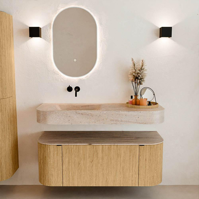 MONDIAZ THOR-DLUX 120cm badmeubel ronding links + rechts kleur Oak met 1 lade en 2 deuren. Vrijhangende wastafel CLOUD Links zonder kraangat kleur Saba.