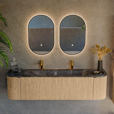 MONDIAZ KURVE-DLUX 170cm badmeubel met module 25 Len R kleur Oak met 1 lade en 2 deuren. Wastafel BIG LARGE midden 2 kraangaten kleur Lava.