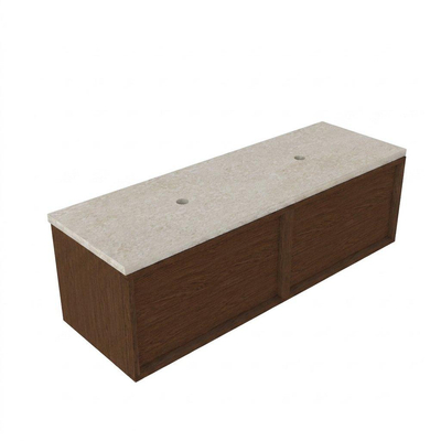 Saniclass Holz Frame Ensemble de meubles de salle de bains - 140x45x43cm - Plan de travail en pierre naturelle travertin - sans trou de robinetterie - 2 tiroirs - walnut pure mat (bois)