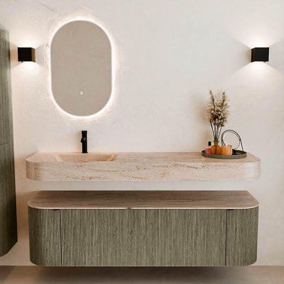 MONDIAZ THOR-DLUX 160cm meuble de salle de bains arrondi gauche + droite couleur Shadow avec 1 tiroir et 2 portes. Vasque suspendue CLOUD Gauche 1 trou de robinet couleur Saba.