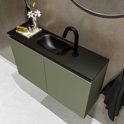 MONDIAZ TURE Fonteinset - 80x23x50cm - 1 kraangat - 2 deuren - army mat - Wasbak midden - Solid Surface Zwart