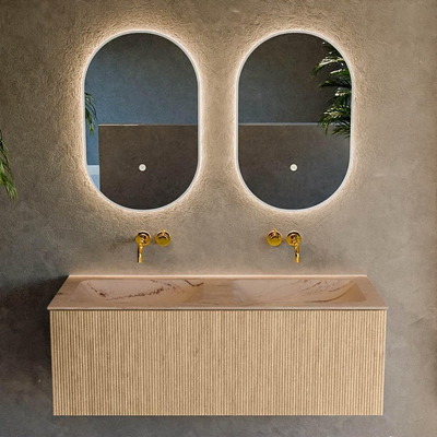 MONDIAZ KURVE-DLUX Meuble de salle de bains 120cm couleur Oak avec 1 tiroir et 0 porte. Lavabo LEAF Double sans trou de robinet Arena.