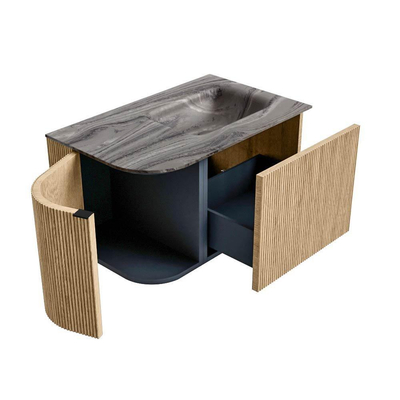 MONDIAZ KURVE-DLUX 75cm badmeubel ronding Links kleur Oak met 1 lade en 1 deur. Wastafel GRUNNE Rechts zonder kraangat Sombra.