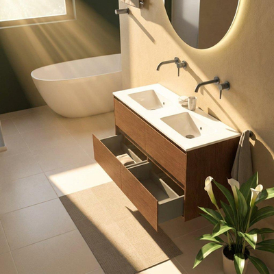 Saniclass Holz Pure Ensemble meuble de salle de bains - 120x45x62cm - lavabo en céramique Vygo blanc - 2 vasques - sans trous de robinet - 4 tiroirs - walnut pure mat (bois)