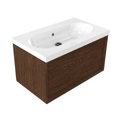 Saniclass Holz Frame Ensemble meuble de salle de bains - 80x45x43.5cm - lavabo en céramique Palermo blanc - 1 vasque - sans trou de robinetterie - 1 tiroir - mat walnut pure (bois)