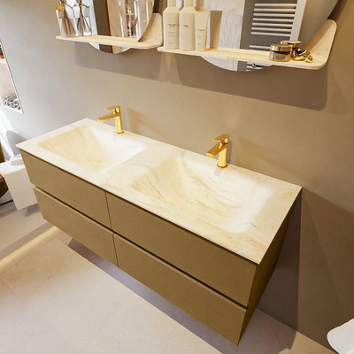 Mondiaz VICA-DLUX ensemble de meuble de salle de bain - 130cm - meuble sous-vasque oro - 4 tiroirs - lavabo encastré cloud double - 2 trous de robinet - miroir modèle spot - version XL 60cm de haut - ostra