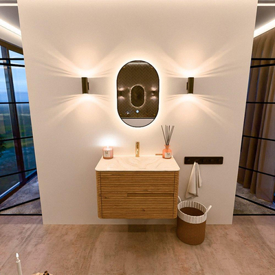 Mondiaz CIRO-DLUX Badkamermeubelset - 80x45x50cm - Solid surface wastafel Ostra - 1 wasbak Midden - 1 kraangat - 2 lades - Oak