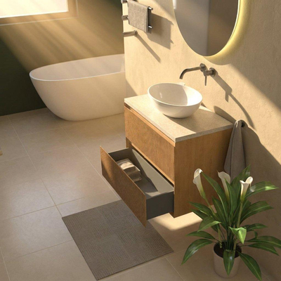 Saniclass Holz Atelier Ensemble meuble de salle de bains - 80x45x63cm - Plan de travail en pierre naturelle travertin - sans trou de robinetterie - 2 tiroirs - chêne natural mat (bois)