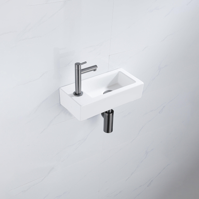 QeramiQ Fuente pack lave-mains – 37,5 x 18,5 x 9 cm – céramique blanc mat – perçage à gauche – robinet gunmetal brossé