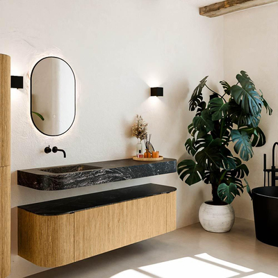 MONDIAZ THOR-DLUX 160cm meuble de salle de bains arrondi gauche + droite couleur Oak avec 1 tiroir et 2 portes. Vasque suspendue CLOUD Gauche sans trou de robinet couleur Lava.